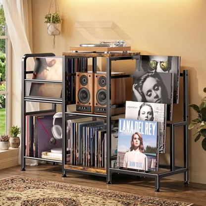 POKIPO Large Record Player Stand, Vinyl Record Storage Holds up to 400+ Albums, 3 Tier Turntable Stand with Display Shelf, 3-in-1 Multifunctional Record Player Cabinet Media Console Table for Stereo