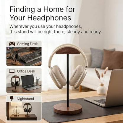 Headphone Holder Stand for Desk, Wood and Metal Headset Hanger Mount Hook Gaming Holder Desktop Earphone Artful Functional Craftsmanship Stand for All Headsets with Solid Wooden Base - style: Walnut