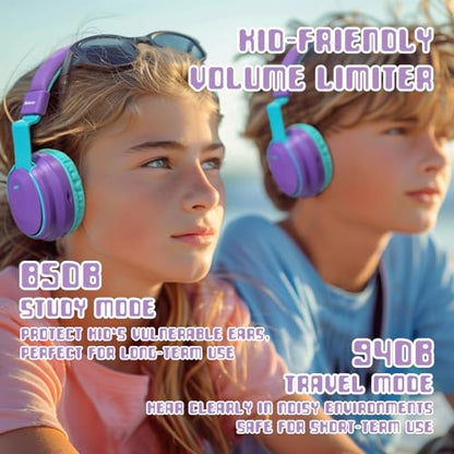 Mokata Kids Headphones Bluetooth 5.3 Wireless Lightweight Fast Charging 68 Hours Play Time Volume Limited 85/94dB Over Ear Foldable with Built-in Mic for Toddler Boy Girl Tablet Pad Purple - color: Purple