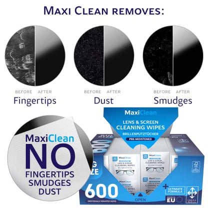 Glasses Wipes Lens Cleaner - Lens Wipes for Eyeglasses - 600 Pre-moistened Individually Wrapped Wipes for Eye Glasses, Electronics, Phone, Computer, Laptop Screen - Camera Lens Cleaner - Made in EU - size: 600 Count (Pack of 1)