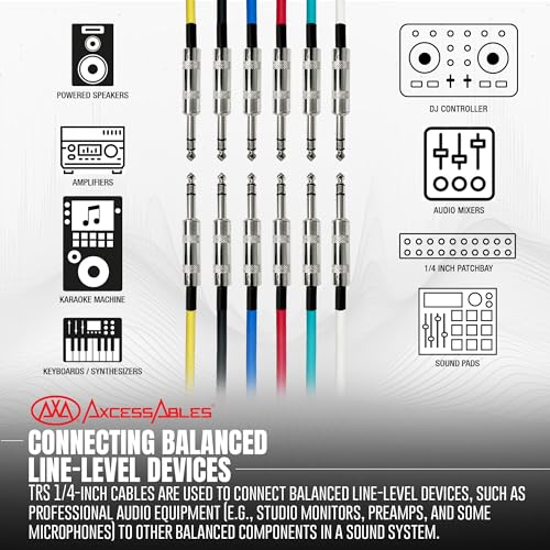 AxcessAbles 20ft 6-Pack TRS to Audio Cables - 1/4" Balanced, Multi-Color, Male-to-Male, Studio & Home Audio - size: 20ft