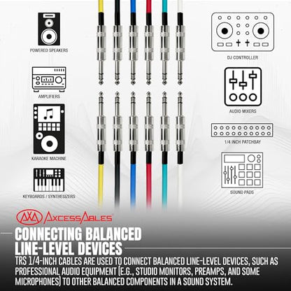 AxcessAbles 20ft 6-Pack TRS to Audio Cables - 1/4" Balanced, Multi-Color, Male-to-Male, Studio & Home Audio - size: 20ft