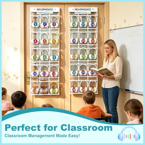 2 Pack Clear PVC Classroom Headphone Storage Organizer - 30 Pocket Over-the-Door Hanging Holder Bag for Headphones/Cell Phones, Includes 62 Labels