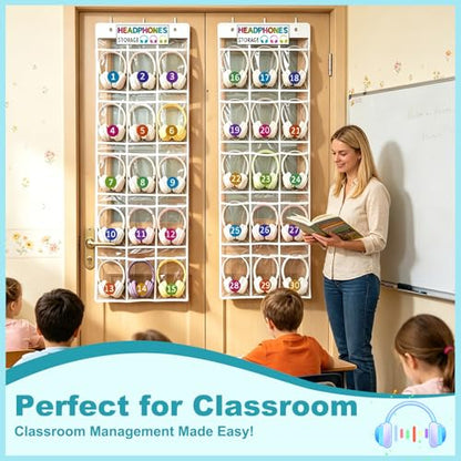 2 Pack Clear PVC Classroom Headphone Storage Organizer - 30 Pocket Over-the-Door Hanging Holder Bag for Headphones/Cell Phones, Includes 62 Labels