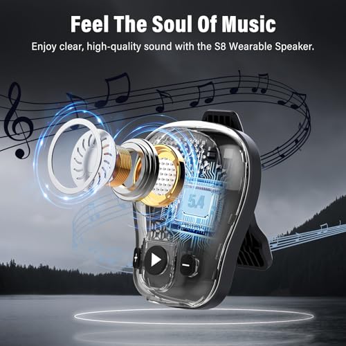 Wearable Bluetooth Speaker, Clip-on Wireless Portable Speakers, IP56 Waterproof Clip Speaker Up to 18 Hours Battery Life, Built-in Mic for Hands-Free Music/Calls, Work/Outdoor, Black
