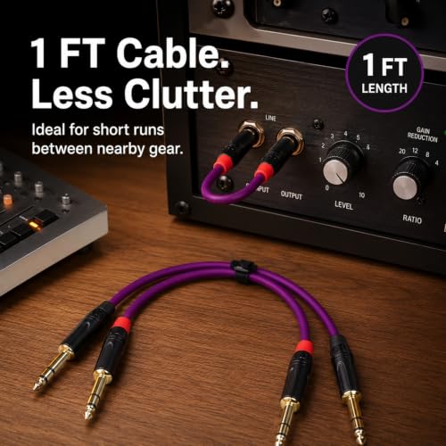 1/4 Inch TRS Instrument Cable 1ft 2-Pack, Purple OFC 24K Gold-Plated Patch Cable, Balanced Stereo for Guitar Bass Keyboard Mixer Pedalboard, for Fender Marshall Yamaha Roland Boss