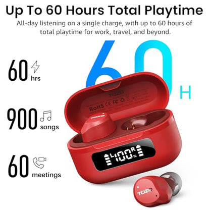 TOZO NC9 Hybrid Active Noise Cancelling Wireless Earbuds, 6 Mics ENC Clear Call, IPX8 Waterproof, in Ear Bluetooth 5.3 Headphones Stereo Bass Ear Buds 60H Playtime with LED Display 32 EQs via APP - color: Bright Red