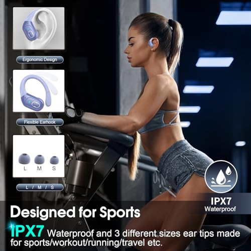 Aptkdoe Wireless Earbuds 75H Bluetooth 5.4 Sport Headphones with Earhooks | IPX7 Waterproof In-ear Buds Feature ENC Noise Cancelling Mic. Stereo Sound Device for Gym Running Workout, Purple Blue - color: Purple Blue