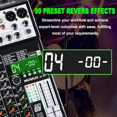 Audio Mixer 6 Channel Professional Sound Mixer Console with 99 DSP Effects, Mixing Board DJ Mixer w/USB, Bluetooth, 48V Power Supply, PAD Button for Recording Karaoke PA Drum Live Music