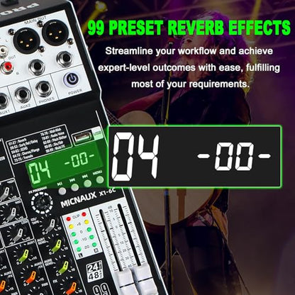 Audio Mixer 6 Channel Professional Sound Mixer Console with 99 DSP Effects, Mixing Board DJ Mixer w/USB, Bluetooth, 48V Power Supply, PAD Button for Recording Karaoke PA Drum Live Music