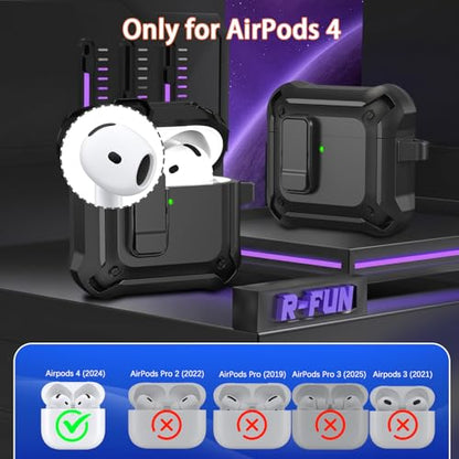 for AirPods 4 Case with Lock Magnetic Lid MagSafe, Black | Compatible with Apple AirPods 4th Generation Protective Case with Cleaner Kit & Carabiner, Powerful Drop Protection - color: DHF-Black, size: Airpods 4th Generation