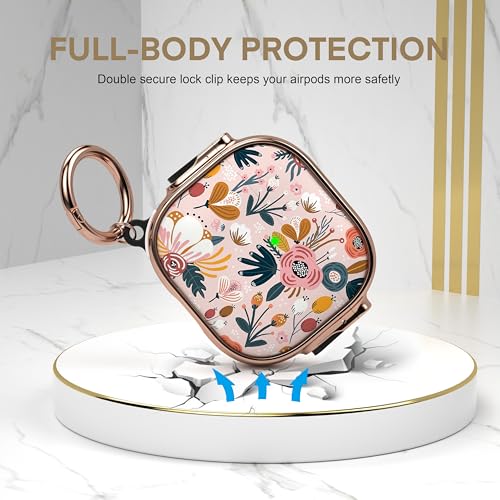 for AirPods 4 Case with Safety Lock, Magsafe Compatible, Pink Flower | Double Secure Lock,Drop Protection,Two-Piece Design,with Gold Keychain, Anti Lost, Dustproof, Cute AirPod 4 Case - color: Brown + Pink, size: AirPods 4 Case