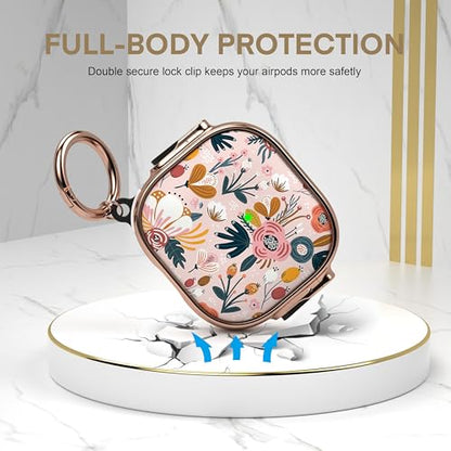 for AirPods 4 Case with Safety Lock, Magsafe Compatible, Pink Flower | Double Secure Lock,Drop Protection,Two-Piece Design,with Gold Keychain, Anti Lost, Dustproof, Cute AirPod 4 Case - color: Brown + Pink, size: AirPods 4 Case