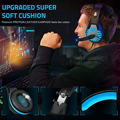 Pacrate Gaming Headset with Microphone for PC PS4 PS5 Headset Noise Cancelling Gaming Headphones for Laptop Mac Switch Xbox One Headset with LED Lights Deep Bass for Kids Adults Black Blue - color: Black Blue