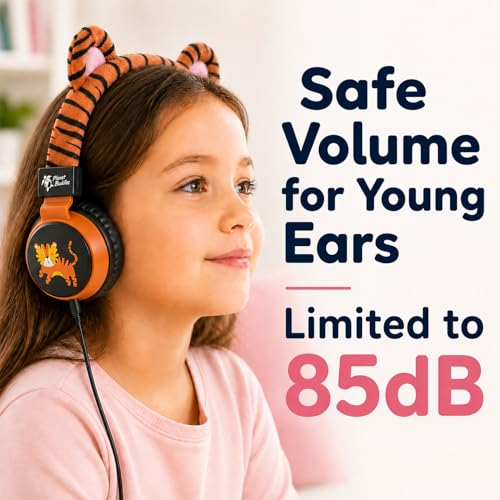 Planet Buddies Kids Tiger Wired Headphones with Cord, Safe Volume for Kids | Toddler Safe, Foldable, On-Ear Corded Animal Headphone for Girls, Boys with Mic for iPad, Tablet, Airplane, School & Travel