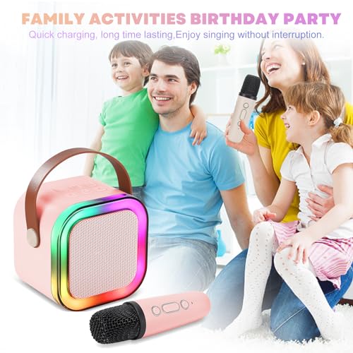 Mini Karaoke Machine, Portable Bluetooth Karaoke Speaker with 2 Wireless Microphones and Light for Family Home Party,Toys for Girls Boys Friends Age 3-12+ Kids and Adults Birthday Gifts.(Pink) - color: Pink