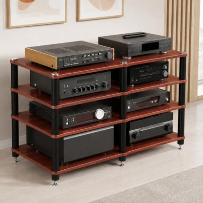 4 Tier Heavy Duty AV Media Stand, Stereo Stands and Racks, Teak | Audio Tower HIFI Rack Stereo Shelf 352 lb Load Capacity, vibration-dampening feet, open ventilation, Built for Hi-Fi systems - color: Teak, size: 4 tier