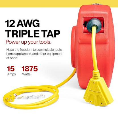 ReelWorks Retractable Extension Cord Reel Polypropylene 12AWG x 40' Foot | Industrial Commercial Grade 3C SJT Cable Triple Tap Connector 15A 125VAC 1875W 60Hz Current Interrupter Best for Indoor Use