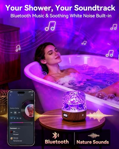 Shower Light with Bluetooth Speaker, Waterproof Shower Lamp with White Noise, 16 Colors Ocean Wave Projector Light with Remote & Touch Control, Music Lamps for Shower Bathroom Bathtub (Walnut Grain) - color: Walnut Grain