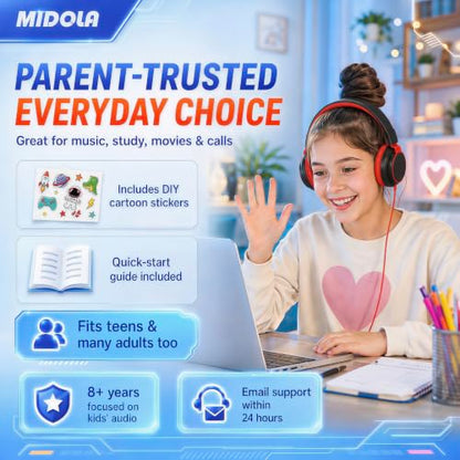 MIDOLA Volume Limited 85/110dB Kids Headphone Over-Ear/On-Ear Foldable Sound Noise Protection Headset with Inline AUX 3.5mm Cord w/Mic for Child School Cellphone Pad PC Notebook Black | Adjustable Headband Foldable Over-Ear Lightweight for Toddler Girls B