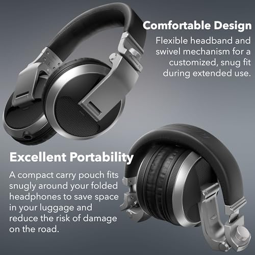 Pioneer DJ HDJ-X5 Over-Ear DJ Headphones - Silver Bundle with Case, Stand, and Austin Bazaar Polishing Cloth - color: HDJ-X5, style: Silver