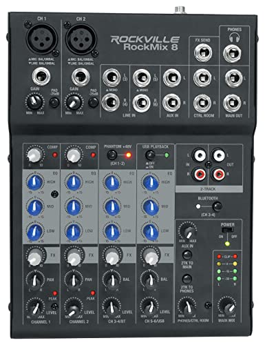 Rockville ROCKMIX 8 Channel USB Mixer with Interface, Compressor, Bluetooth | 2 XLR/1/4" Inputs, 48V Phantom Power, 3-Band EQ, FX Send, RCA Aux