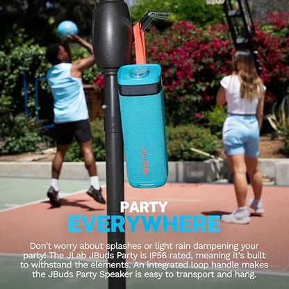 JLab, JBuds Party, Portable Bluetooth Speaker, Waterproof Outdoor Speaker, RGB Lighting, Multi-Speaker Connect, Cyan - color: Cyan