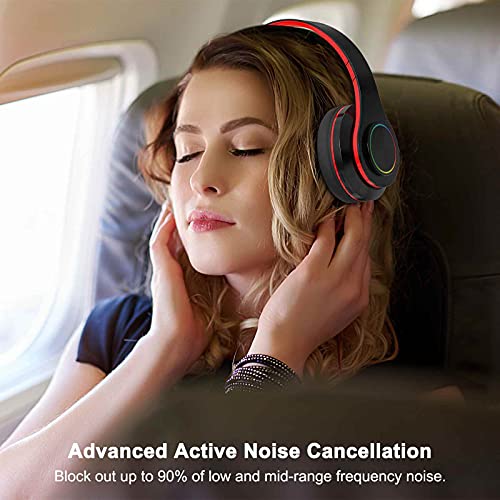 Kids Bluetooth Over Ear Headphones with LED Lights,BlackRed | Built-in Mic, Bluetooth 5.0, Wired and Wireless Foldable Stereo Headphones for Classroom, Office, Tablet, Airplane,Travel - color: Black