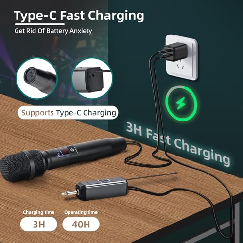 Wireless Karaoke Microphone, Dual Handheld Mic with 2.4G Dual Signal Chip, 260FT Range, 40H Rechargeable Battery, DSP Noise Cancelling, 99 Channels for Singing, Party, Church