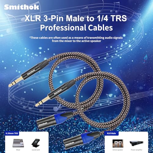 Smithok 2Pack 1/4" to XLR Cable,Heavy Duty Nylon Braided,Gold Plated Plug,Balanced 1/4" TRS (Quarter Inch 6.35mm) to 3pin XLR Male Patch Cable, Microphone Cable-3.3ft