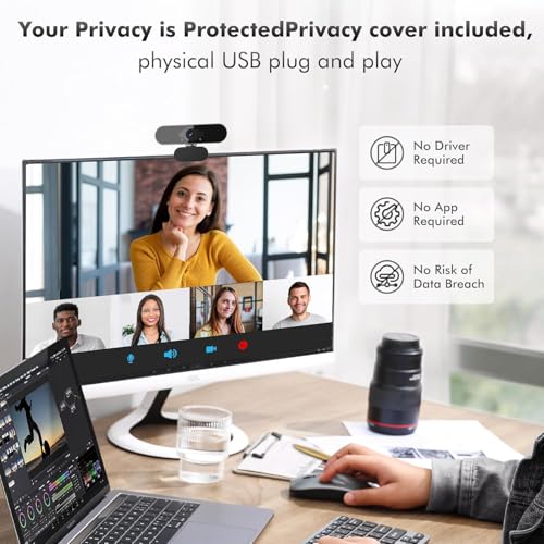 1080P HD Webcam with Microphone, Noise Cancellation, Privacy Cover, Wide-Angle Lens, Auto Light Correction, Plug & Play USB Webcam for Laptop, Desktop, PC, Mac, Zoom, Skype, Streaming (Black)