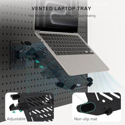 WALI Articulating Pegboard Adjustable Mount for Laptop and Monitor 2 in 1 with Vented Tray, Fits 1" Hole Spacing & Up to 1/4" Hole Diameter, Supports Laptop or Monitor Under 8.8lbs, PM00LP, Black - size: 1 inch hole
