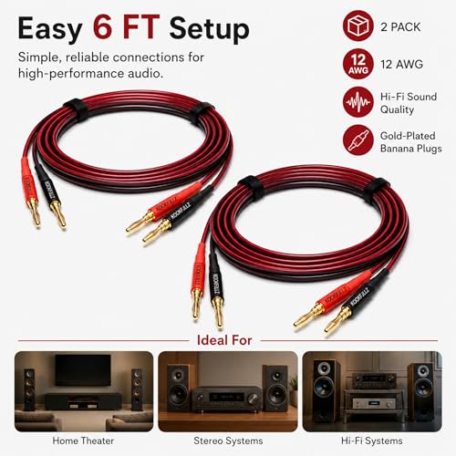 Speaker Wire with Banana Plugs 12AWG, 600-Strand OFC Pure Copper, 6ft x 2 Pack, 4mm Gold Plated, Braided, Home Theater Stereo Bookshelf Audiophile AV Receiver