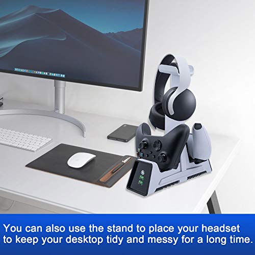 Mcbazel Dual Charging Station with Headset Holder for PS5, Fast Charging Dock with LED Indicator for PS5/ PS4/ Switch Pro/Switch2/ Xbox One/Xbox One Slim/Xbox Elite/Xbox Series X&S Controllers