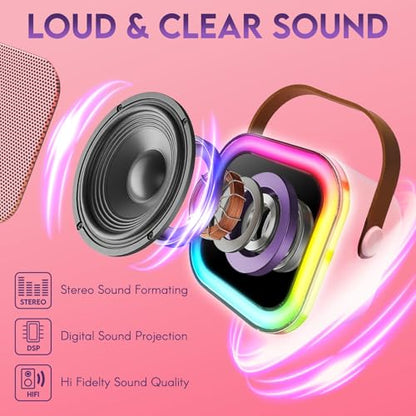 Karaoke Machine for Kids Adults, Portable Mini Bluetooth Speaker with 2 Wireless Microphones, LED Lights, Singing System for Family Home Party, Voice Changer, Boys Girls Karaoke Machine with Speaker - color: Pink
