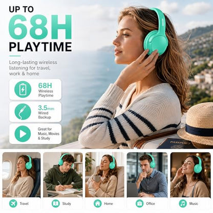 Bluetooth Headphones Wireless 68H with Mic,Decent Sound-Acceptable Cyan | Adjustable Headband Foldable Over-Ear Lightweight for Office/Travel/Tablet/iPad/Laptop,HD Stereo Sound,Aux 3.5mm,Green - color: Cyan