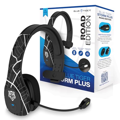 Blue Tiger Storm Plus Road Edition- Trucker Bluetooth Headset with Mic | Mono headset with mic + flashlight, wireless noise canceling, high-fidelity sound, 45-hour talk time, USB-C , Bluetooth 5.2