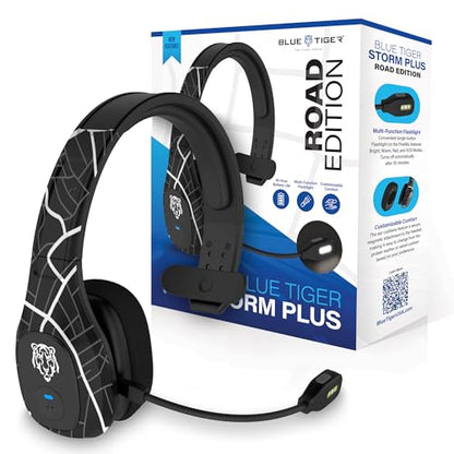 Blue Tiger Storm Plus Road Edition- Trucker Bluetooth Headset with Mic | Mono headset with mic + flashlight, wireless noise canceling, high-fidelity sound, 45-hour talk time, USB-C , Bluetooth 5.2