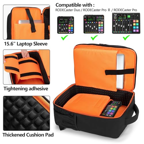 PGmoon Audio Mixer Travel Bag Compatible with RODECaster Pro/Pro II/RC Duo | DJ Mixer Backpack with Plenty of Pockets for Microphones, Cables & More Podcast Equipment (Patent Design)