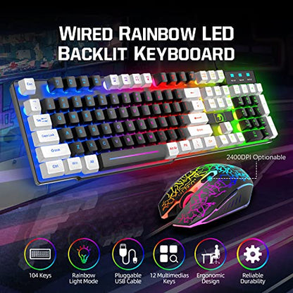 Wired Rainbow LED Backlit Keyboard and Mouse, Over Ear Headphone with Mic, Gaming Mice and Pad, for PC, Xbox and PS4 (Black/White) - color: Black/White