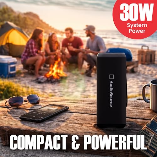 Audiosource Portable Bluetooth Speaker, 30W Loud Sound, Dual Passive Radiators for Deep Bass, Bluetooth 5.4, Auracast Multi-Speaker Pairing, IP67 Waterproof, 200ft Range, 12H Battery (Black) - color: Black