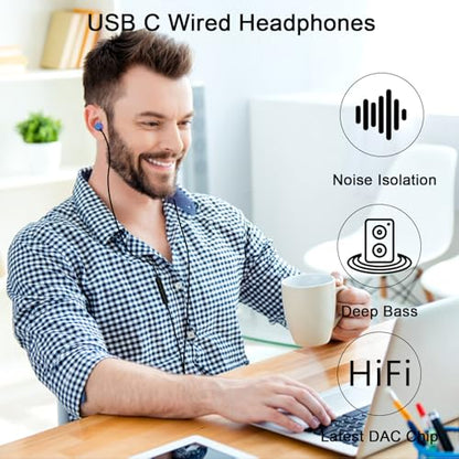 USB C Headphone Wired Earbuds for Samsung S26 S25 Ultra S24 A16 A17 | in-Ear Earbuds Wired Noise Isolating With Microphone for iPhone 17 16 Pro Max/iPad 11 A16/Pixel/Android Small Ear Kids - color: Purple
