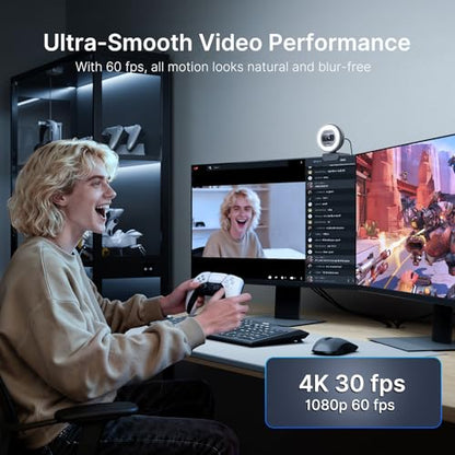 NexiGo N930E Pro, 4K Webcam with Ring Light, PDAF Autofocus, 1080P@60FPS, Dual Noise-Canceling Mics, Built-in Privacy Shutter, Web Cam for Streaming, Meeting, Gaming - style: 4K Webcam with Light