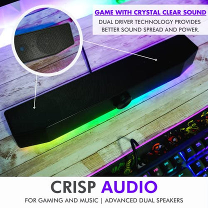 Tilted Nation Gaming Soundbar - Monitor Sound Bar for PC - RGB Computer Speakers for Desktop PC (Wireless or USB Wired) Crisp Audio and Adjustable LED