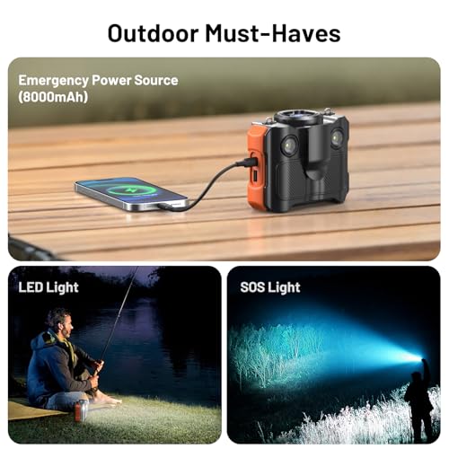 Portable Waist Fan 4-in-1, 16000 RPM Max 5-Speed Rechargeable Clip-On Fan with Bluetooth Speaker, Emergency Power Source 8000mAh, LED Light, Digital Display for Travel Camping Office