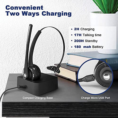 Trucker Bluetooth Headset with Microphone Noise Cancelling, V5.0 Wireless Headset with Charging Base 17 Hrs Talk Time, Black