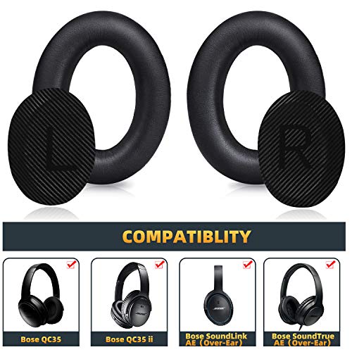 GEVO Premium Replacement Ear Pads for Bose QC35 & QC35ii Headphones - Black | Fits QuietComfort 35 & 35ii / SoundLink 1&2 AE（Over-Ear）- Soft Protein Leather · Adaptive Memory Foam and Extra Durable - color: Black