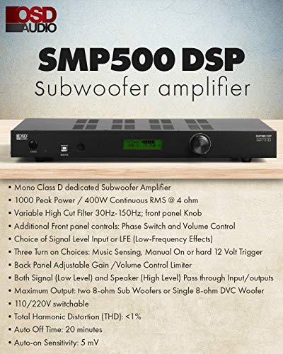 OSD Audio SMP500 클래스 D 서브 우퍼 앰프, 최대 전력 800W, 패시브 서브우퍼용 DSP가 있는 디지털 모노 앰프, LED 디스플레이/리모컨, LFE 라인 입력 - size: 500W DSP