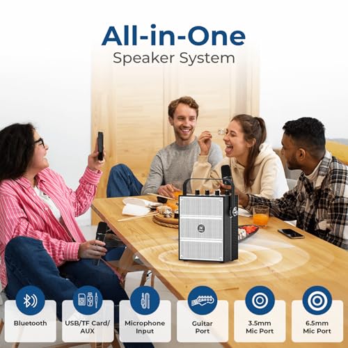 100W Powerful Voice Amplifier with 2 Wireless Microphones S99 | Big Pro Sound Portable Speaker with Microphone, Bluetooth Speaker PA System Karaoke Machine Support BT/USB/TF Card/Aux/Guitar - color: Black