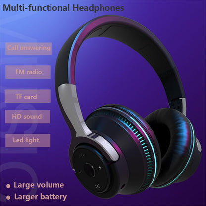 Wireless Headphones, Portable Over Ear Headphones with Mic, Clear Calls, FM Radio, Soft-Earpads, LED Light, Support TF Card Play, Foldable for Travel Home Office Cellphone PC